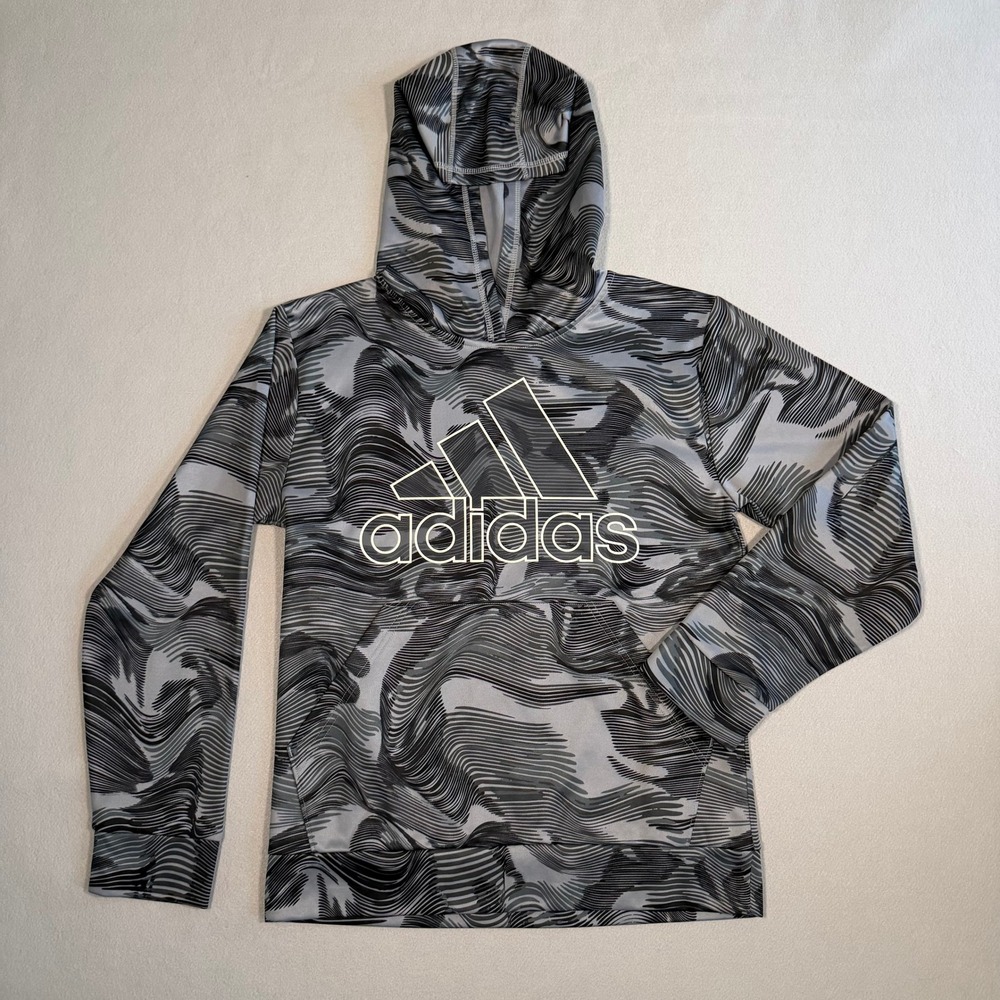 Adidas Boys Grey Wavy Camo Fleece Hoodie Badge of Sport Logo AA7214 Size L 14/16